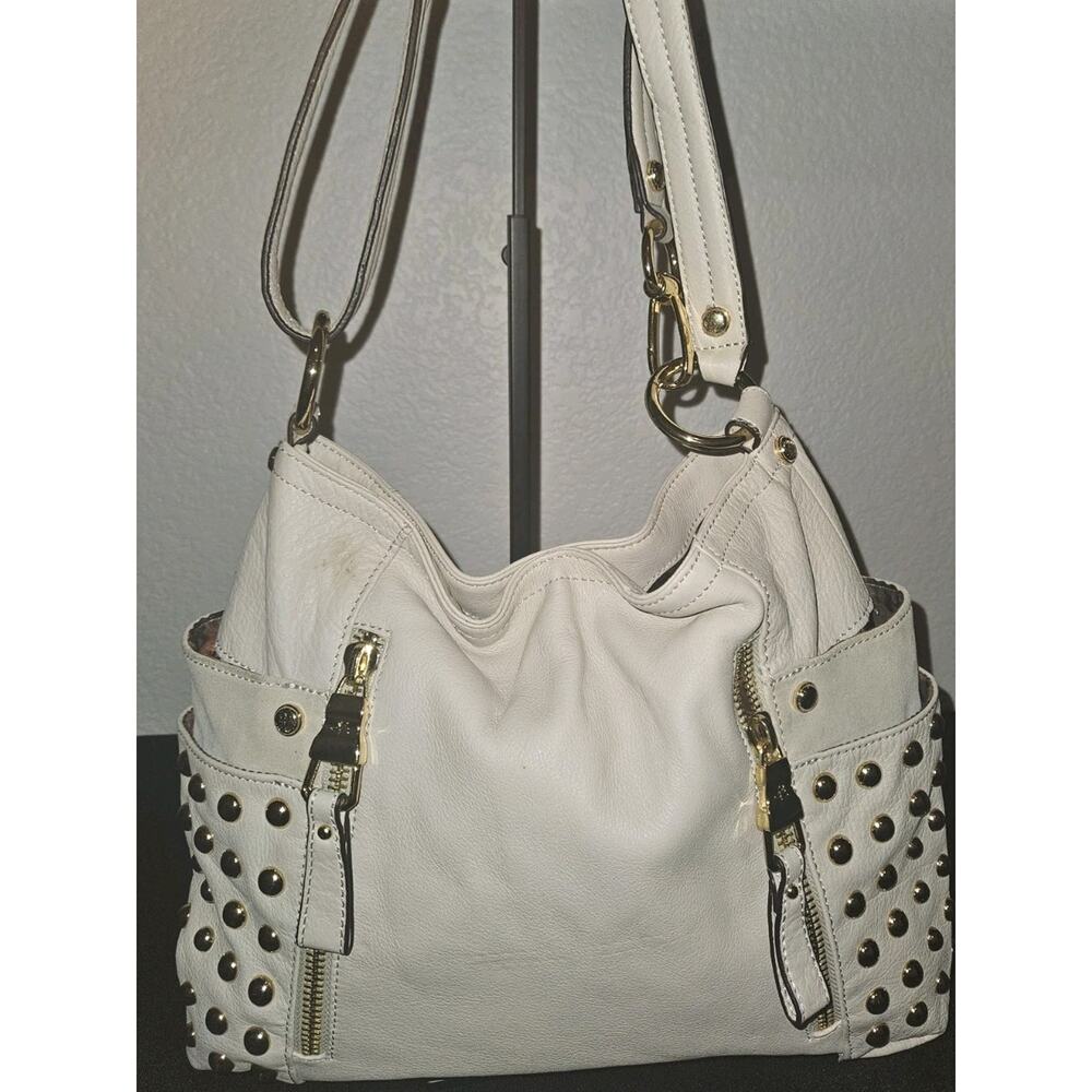 B Makowsky Leather Gold Studded Cream Handbag 14x10 - Picture 3 of 11